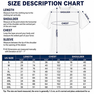 Detailed size description chart for men's fishing t shirts with measurements for length, chest, and shoulder in inches and cm.