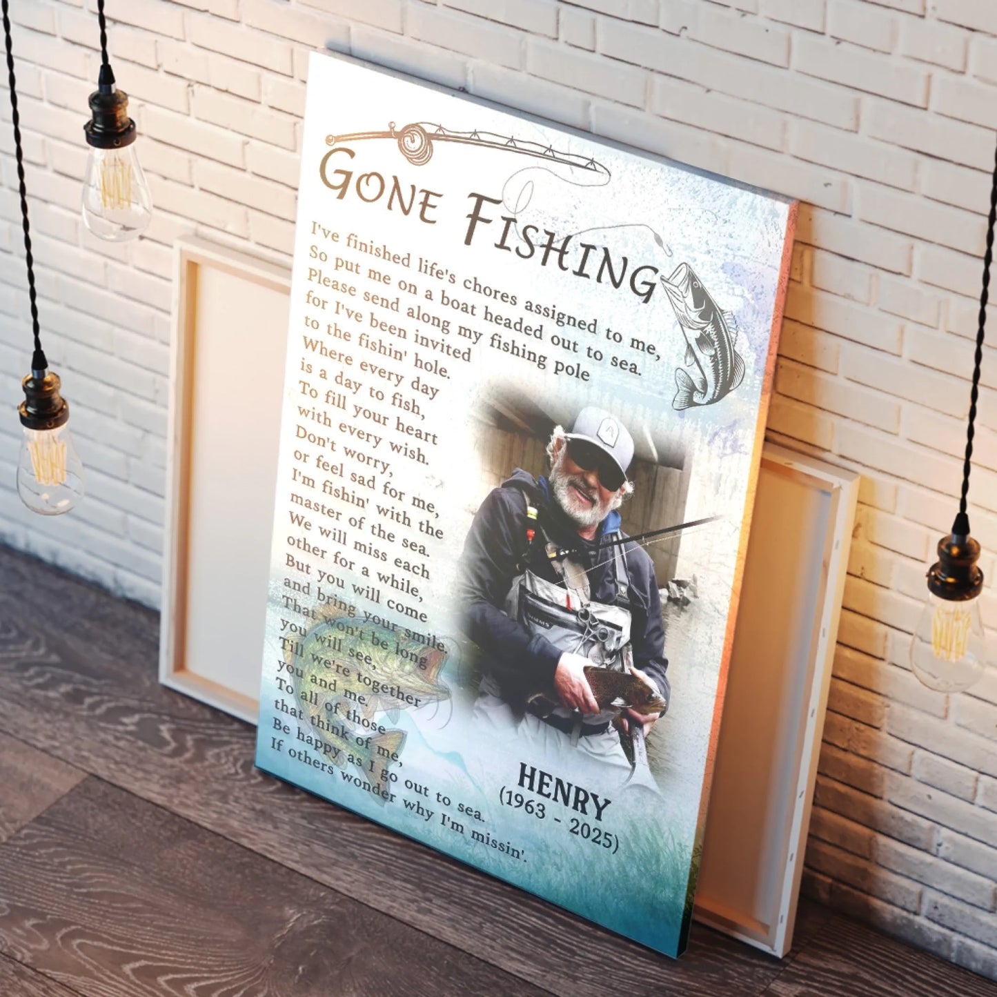 Custom memorial canvas print for a fisherman with personalized photo name and memorial dates to honor a loved one