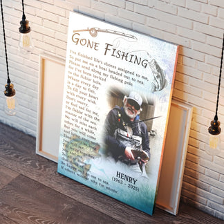 Custom memorial canvas print for a fisherman with personalized photo name and memorial dates to honor a loved one