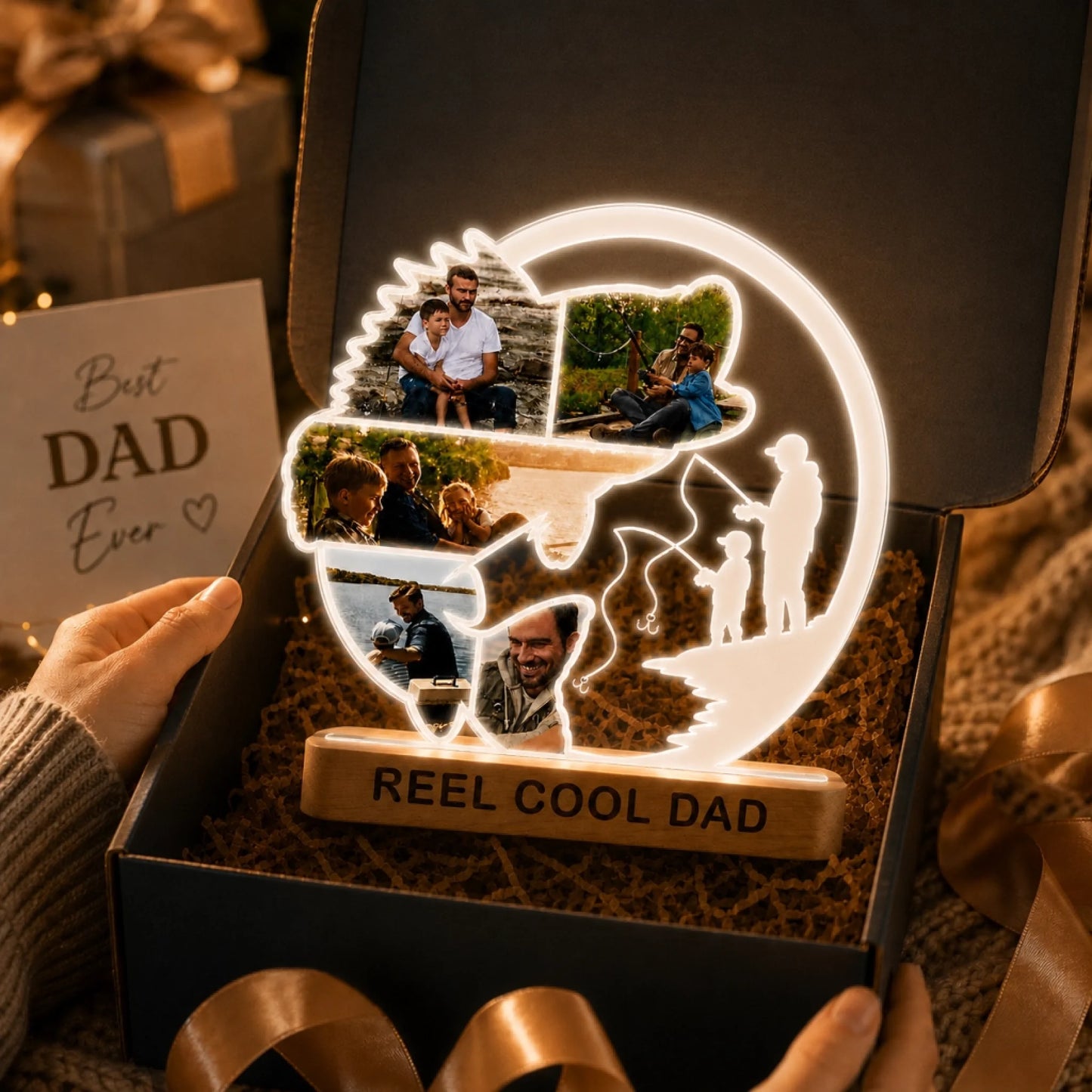 Personalized light with family photos and 'Reel Cool Dad' text, held by a person.