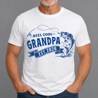 Man wearing Reel Cool Dad personalized fishing t-shirt – gift for fishing lovers