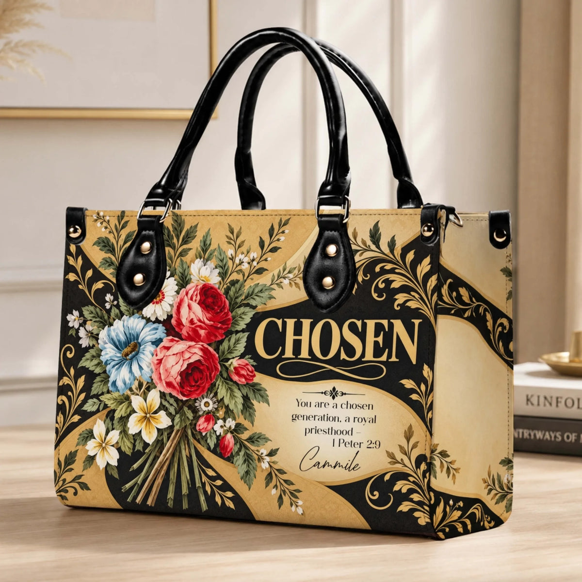 Religious themed floral tote bag with a custom name and scripture verse perfect for a meaningful faith based gift.