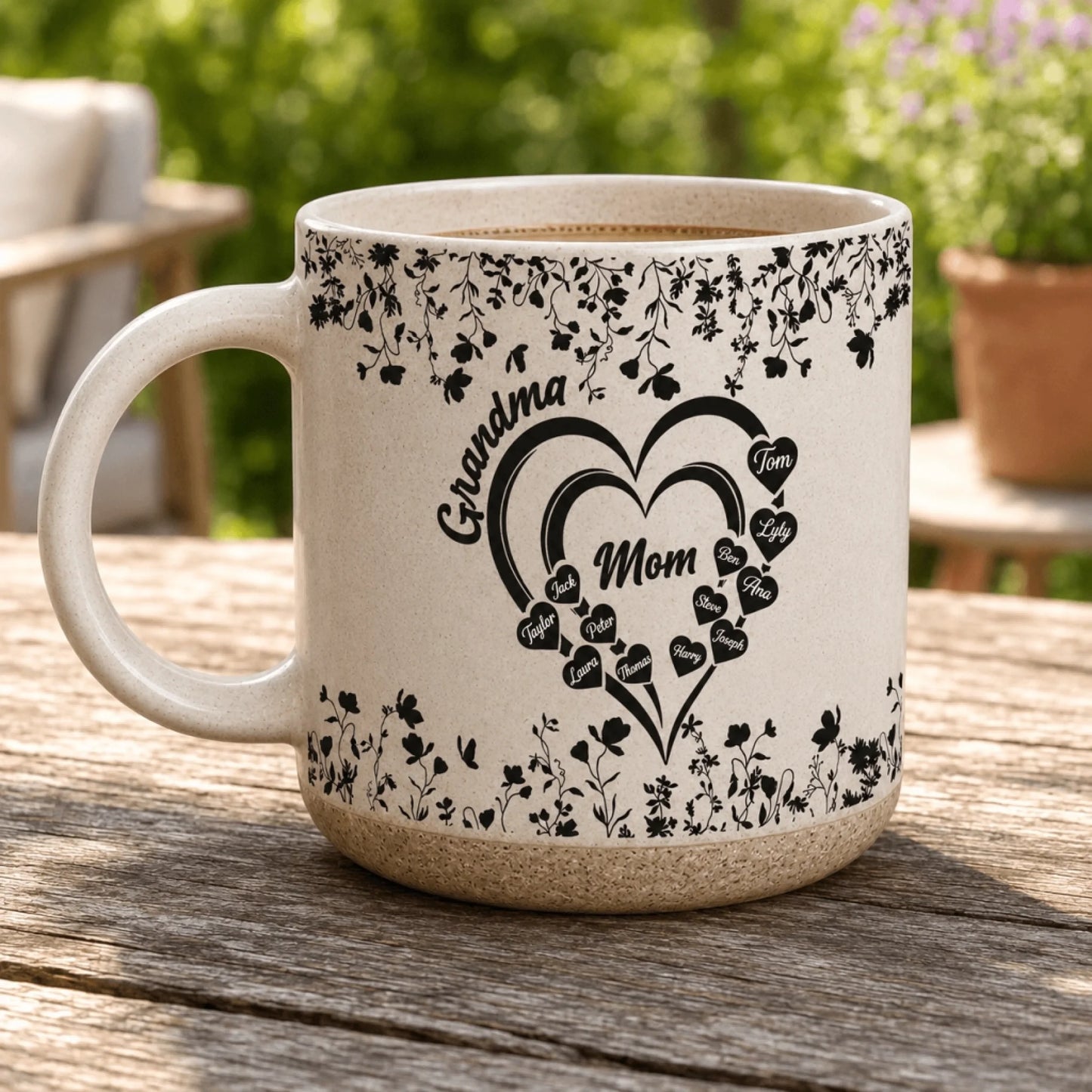 Customized floral heart coffee mug with Grandma and Mom text and various family names printed for a family gift idea.