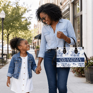A woman carrying a custom floral print tote bag personalized with the name Grandma and various family member names.