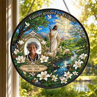 Decorative hanging memorial suncatcher with a custom Grandma Gwen Smith photo and a peaceful religious landscape.