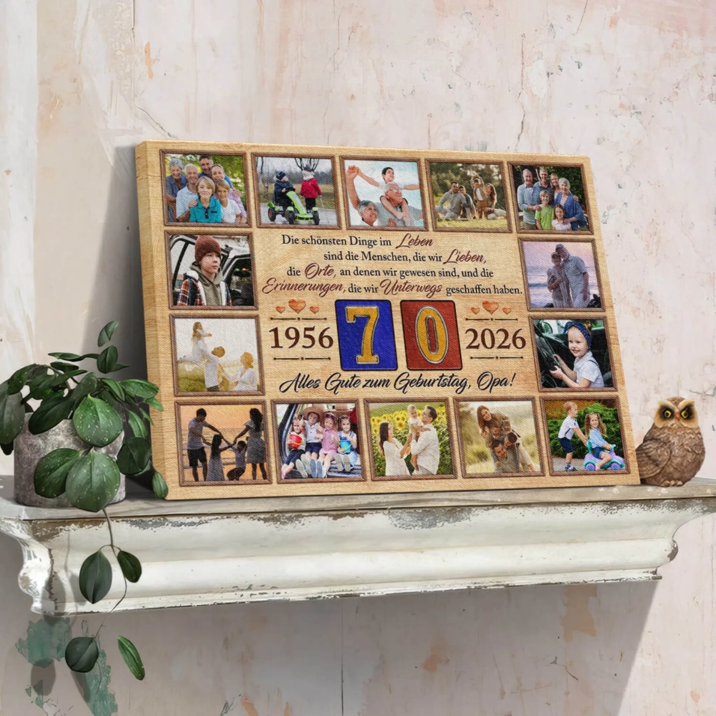 Individuelle Fotocollage für Opa zum 70. Geburtstag auf Leinwand mit zwölf Familienbildern, Widmung und den Jahreszahlen 1956 bis 2026.
