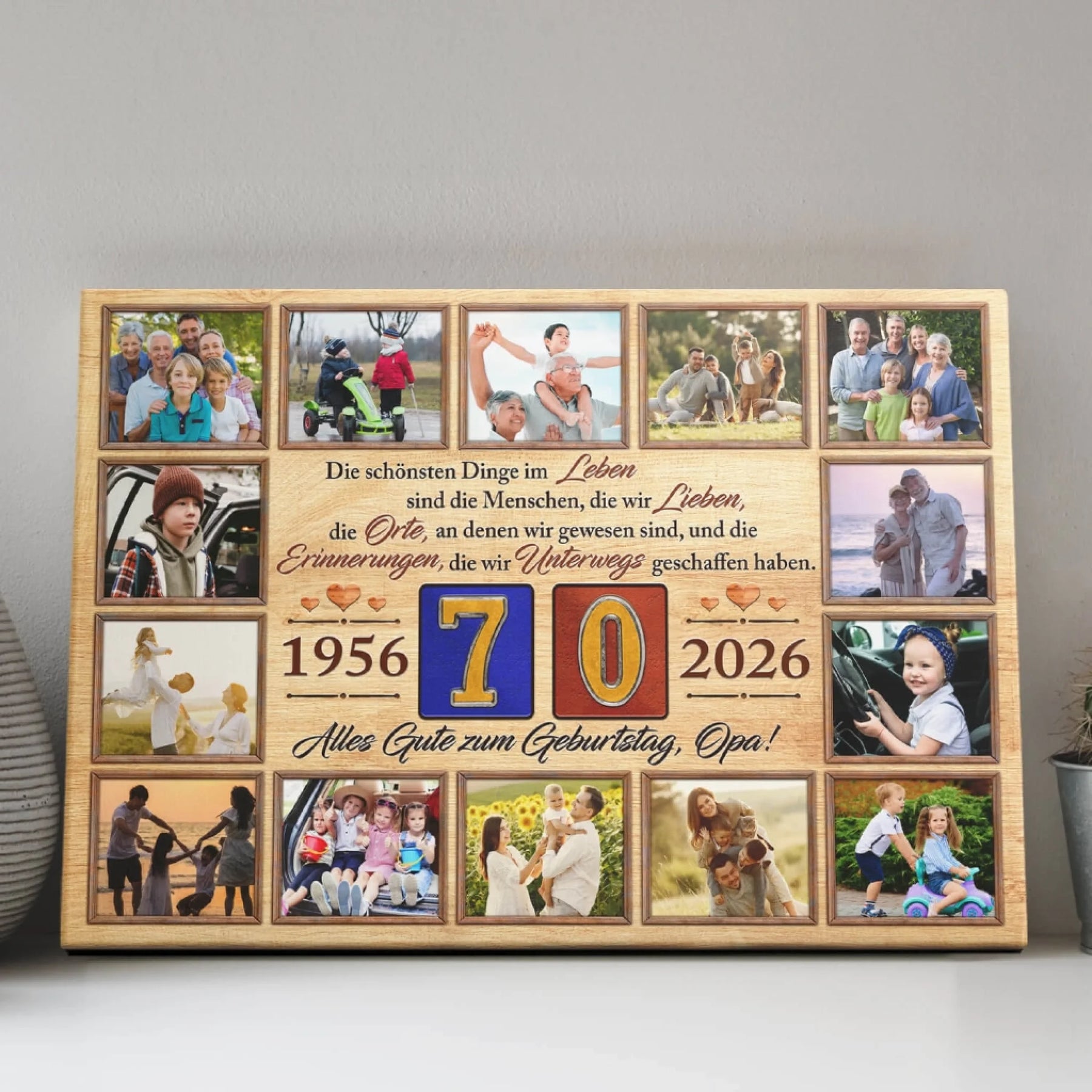 Individuell gestaltete Leinwand für Opa zum 70. Geburtstag mit zwölf Familienfotos, dem Spruch zum Leben und der Jahreszahl 1956 bis 2026.