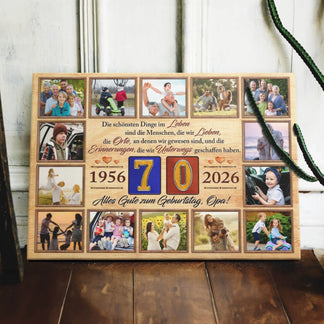 Personalisierte Fotocollage auf Leinwand für den 70. Geburtstag von Opa mit zwölf Familienbildern und dem Schriftzug Alles Gute zum Geburtstag Opa.