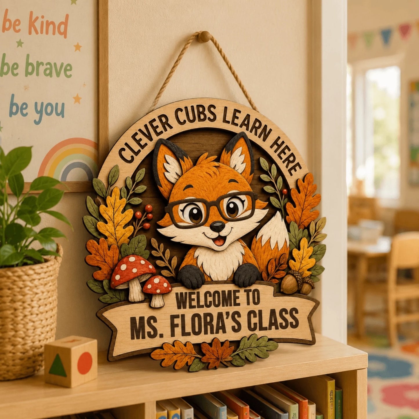 Clever cubs learn here wooden door hanger for Ms. Flora's classroom with a fox, mushrooms, and autumn leaf theme.