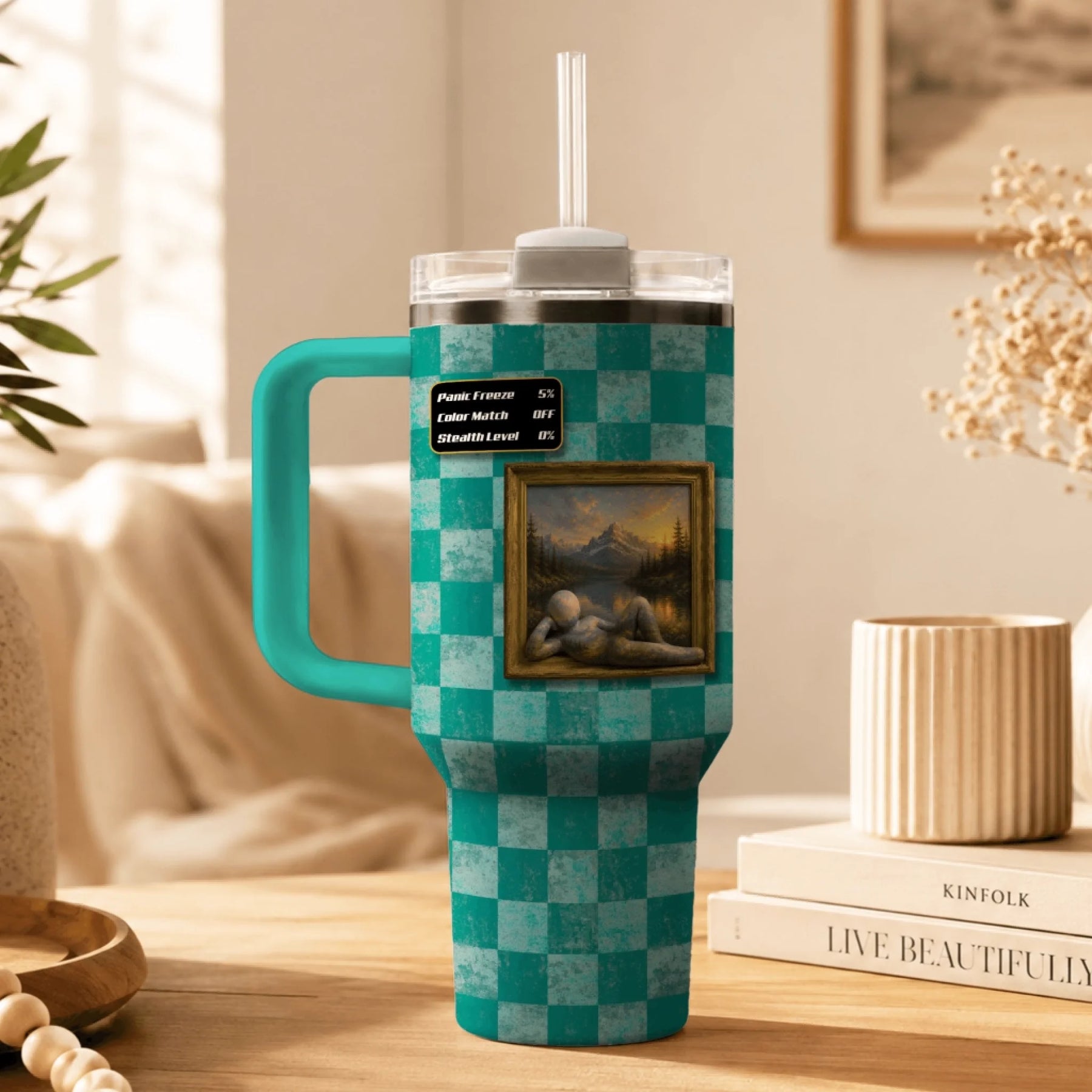 Custom tumbler displaying a character resting inside a framed landscape painting with gaming stats