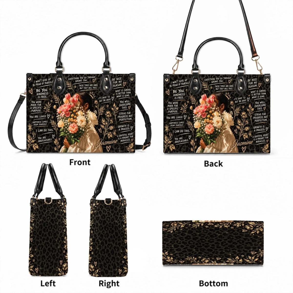 Different angles of a personalized floral leopard print handbag showing front back and bottom construction.