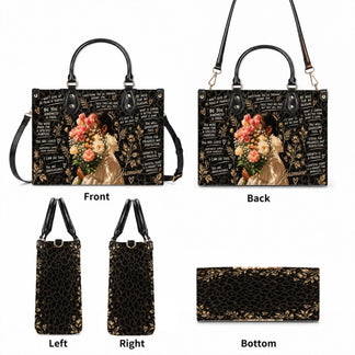 Different angles of a personalized floral leopard print handbag showing front back and bottom construction.