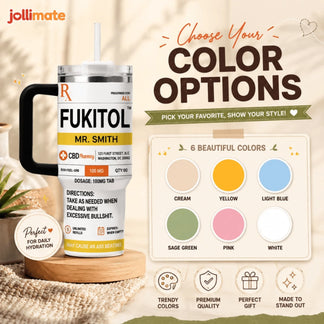 Funny custom prescription tumbler with multiple color options and sarcastic medical label design for gifts.