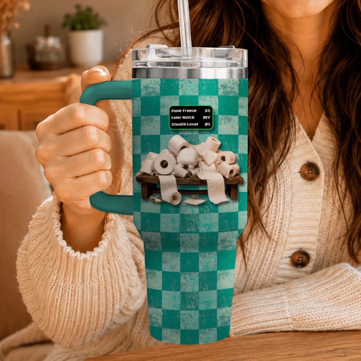 Personalized tumbler featuring a pile of toilet paper on a bench and funny game status indicators