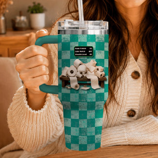Personalized tumbler featuring a pile of toilet paper on a bench and funny game status indicators