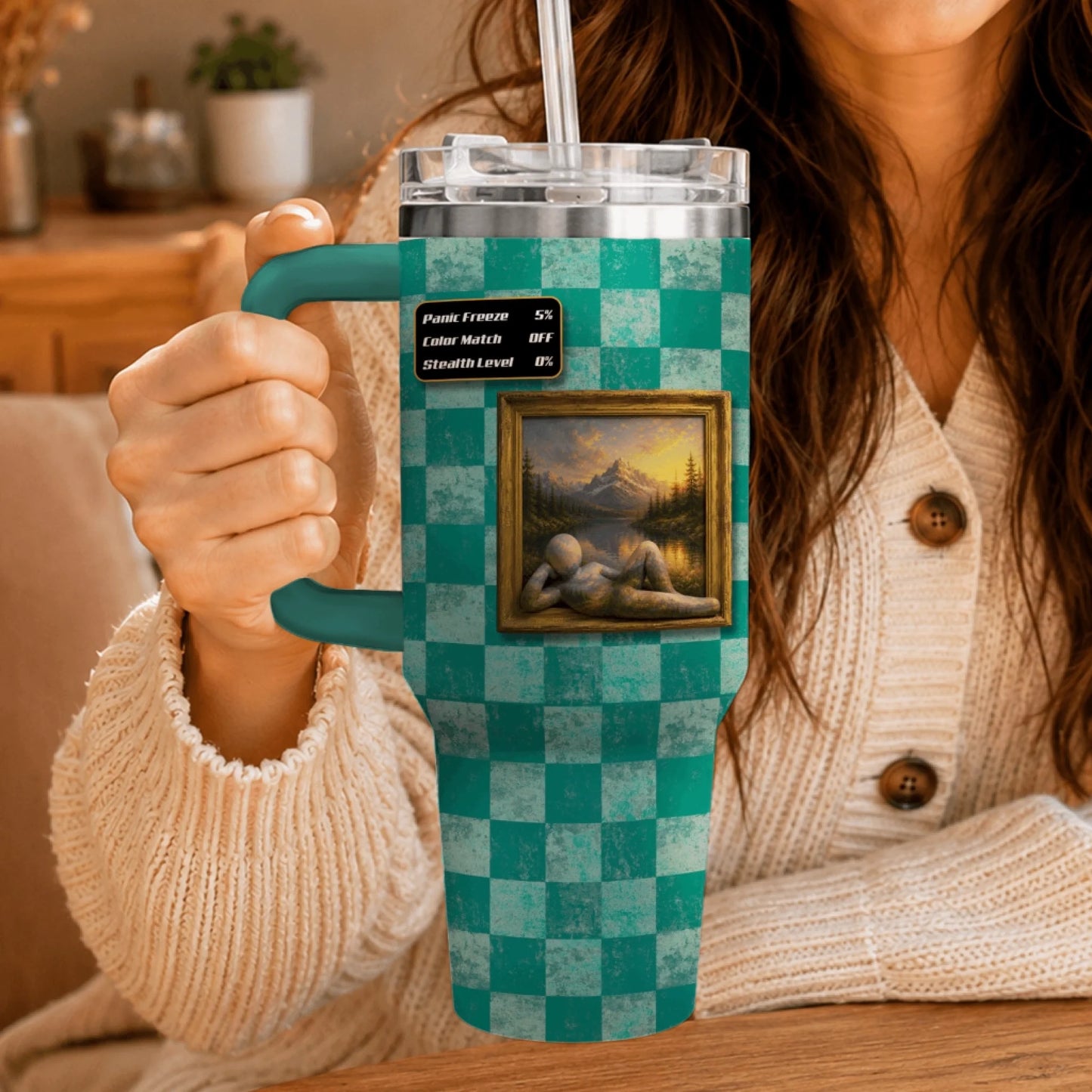 Personalized tumbler featuring a character lounging in a framed mountain landscape painting