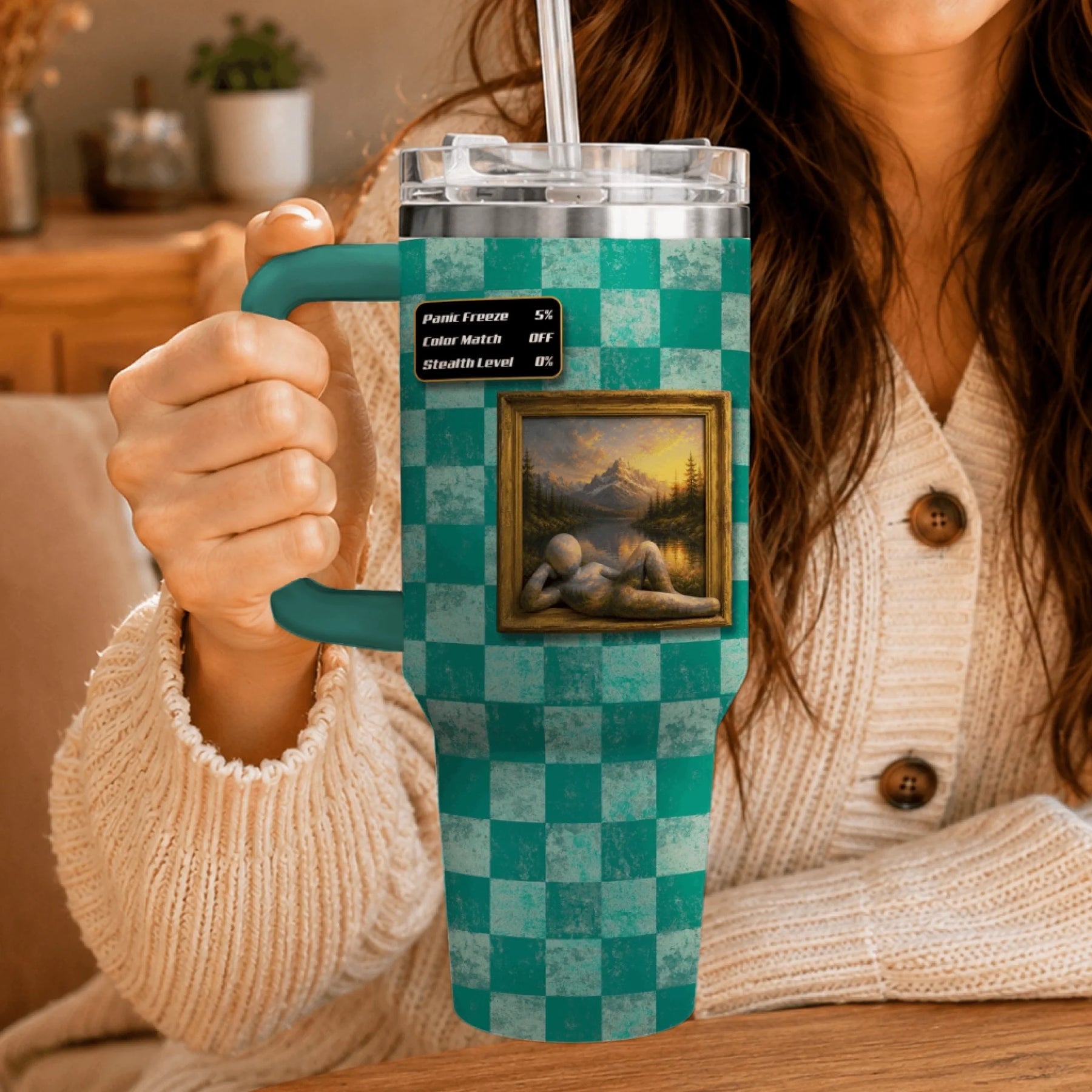 Personalized tumbler featuring a character lounging in a framed mountain landscape painting