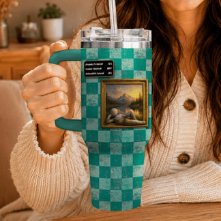 Personalized tumbler featuring a character lounging in a framed mountain landscape painting