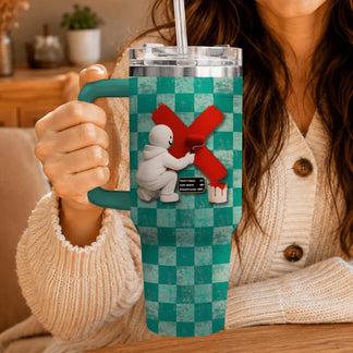 Hand holding a personalized gaming tumbler featuring a white character painting a red X on teal checkered