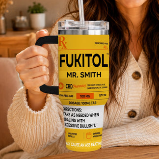 Humorous personalized tumbler designed like a prescription bottle with funny side effects for a novelty gift.