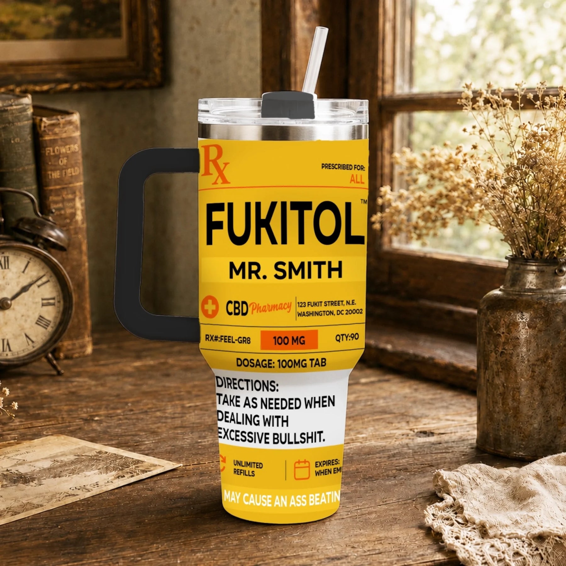 Unique prescription bottle tumbler for Mr Smith with funny side effect text perfect as a humorous novelty gift.