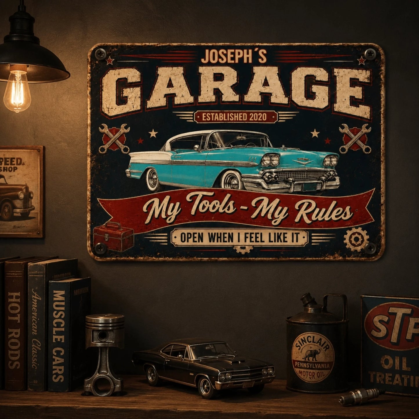 Vintage personalized garage metal sign displayed above a shelf with model cars