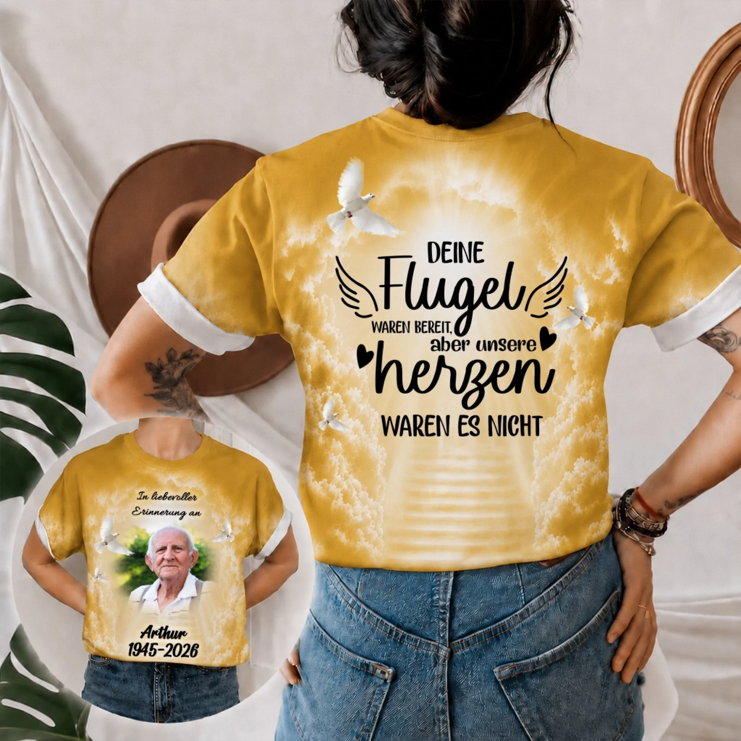 Gelbes T-Shirt als personalisiertes Trauergeschenk mit Foto von Arthur, Engeltreppe im Hintergrund und dem Spruch deine Flugel waren bereit aber unsere herzen waren es nicht.