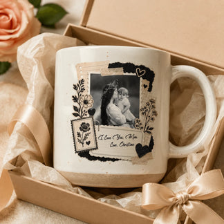 A personalized mug with a mother-child photo inside a gift box, wrapped with a ribbon, ideal for Mother's Day gifts.
