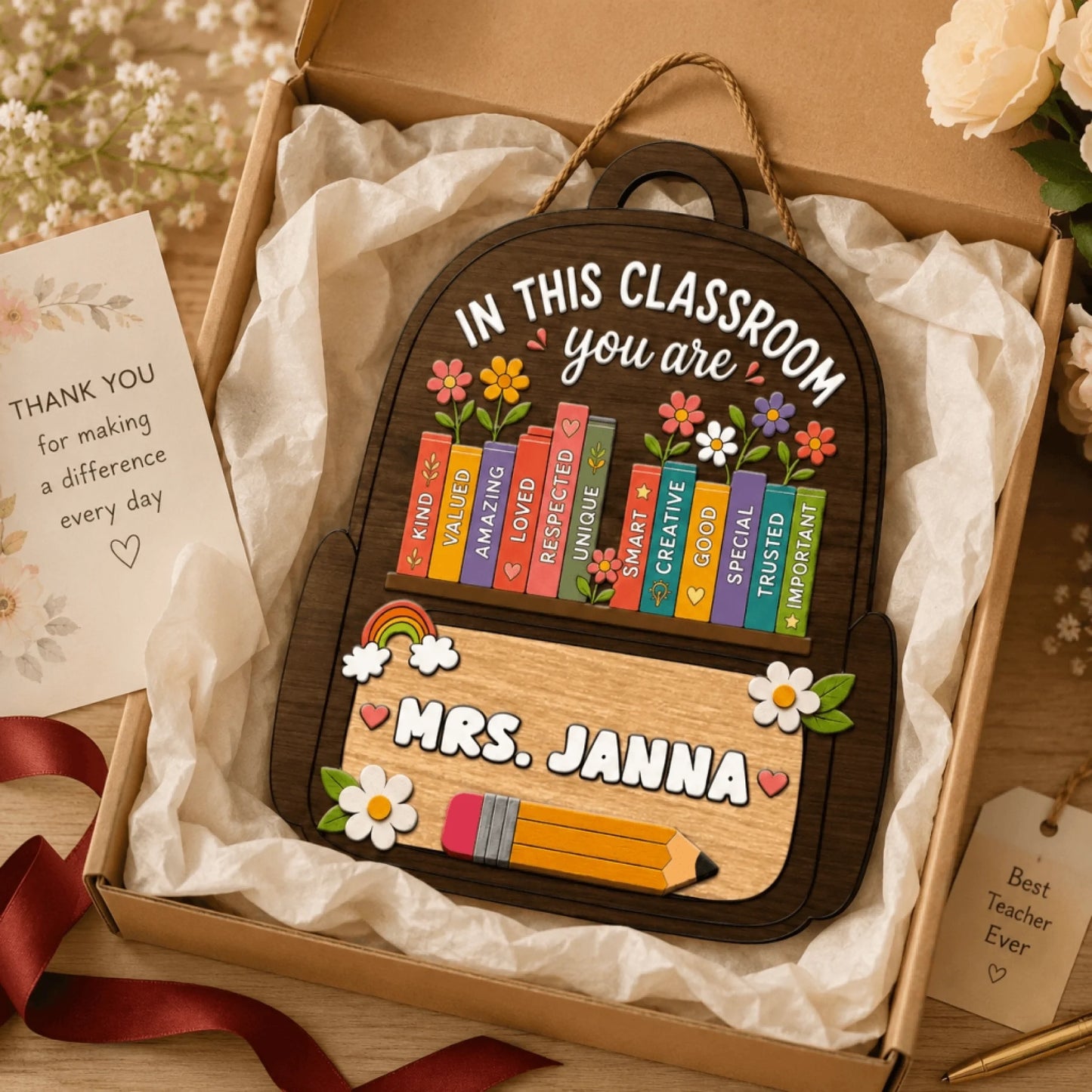A custom backpack-shaped teacher appreciation sign labeled 'Mrs. Janna' presented in a gift box with tissue paper.