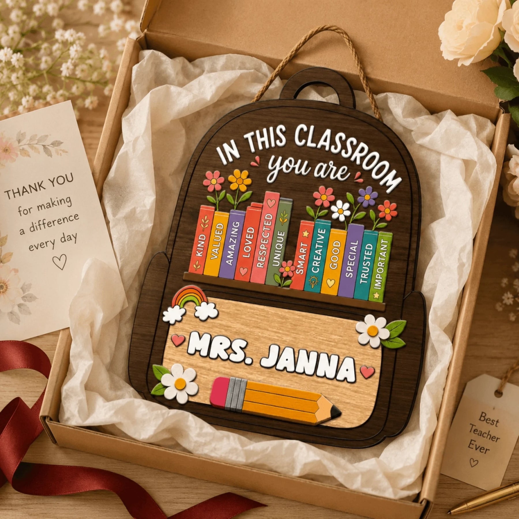 A custom backpack-shaped teacher appreciation sign labeled 'Mrs. Janna' presented in a gift box with tissue paper.