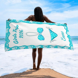 Personalized girls trip 2026 beach towel featuring a blue bikini design and custom name Emma for summer beach vacations.