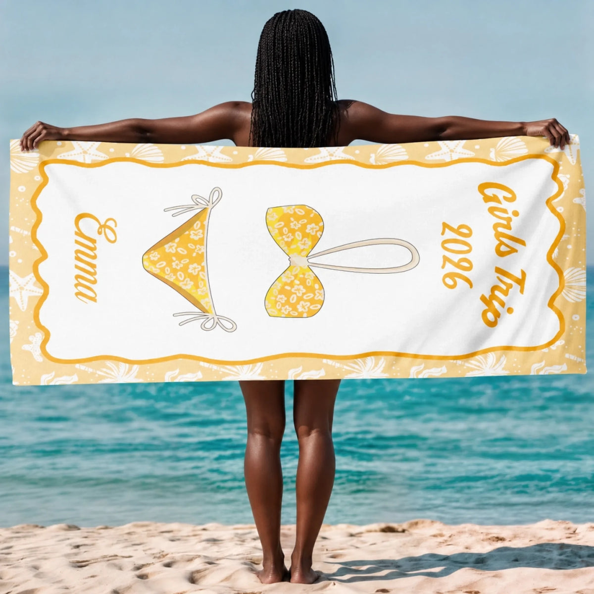 Personalized girls trip 2026 beach towel with a yellow bikini design and custom name Emma perfect for beach getaways.
