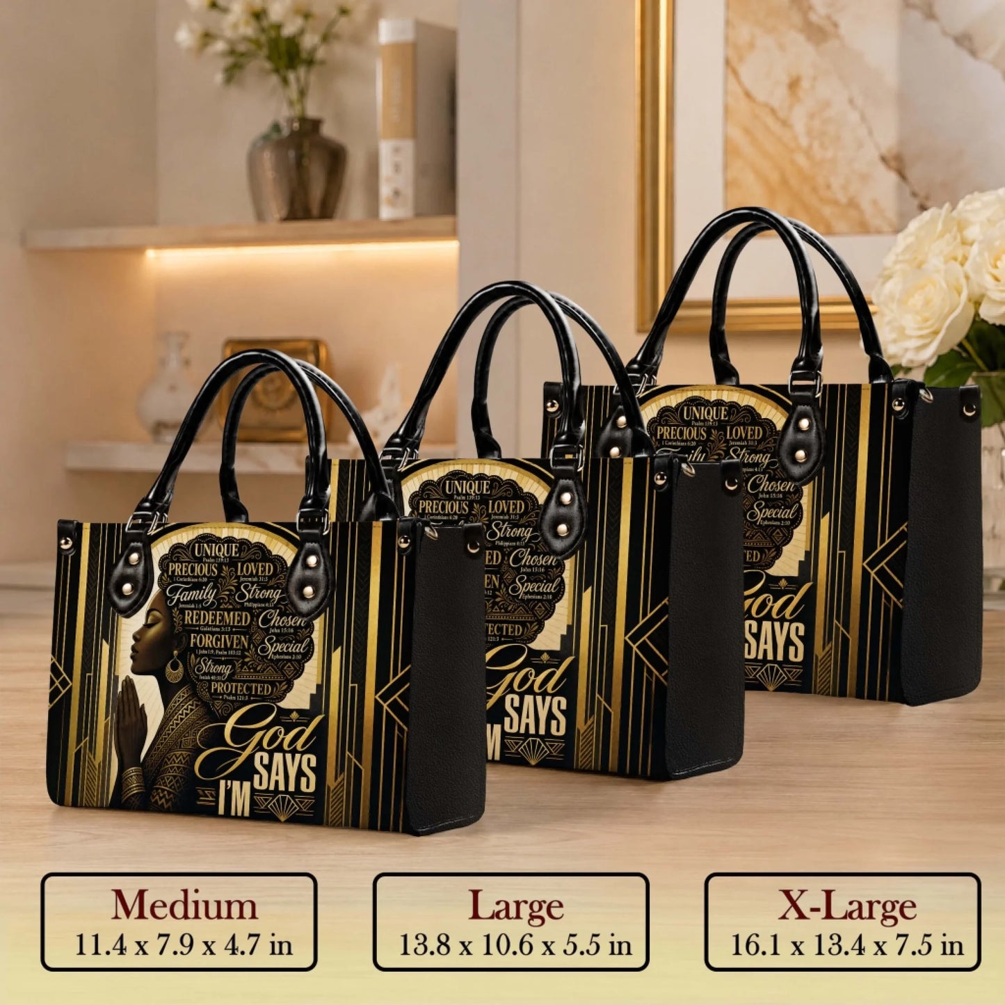 Black woman faith leather handbag featuring inspirational God says I am quotes available in medium large and extra large sizes.