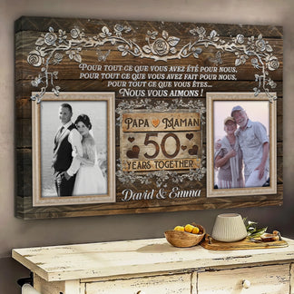 50th anniversary personalized photo canvas with floral accents and romantic message for parents gift