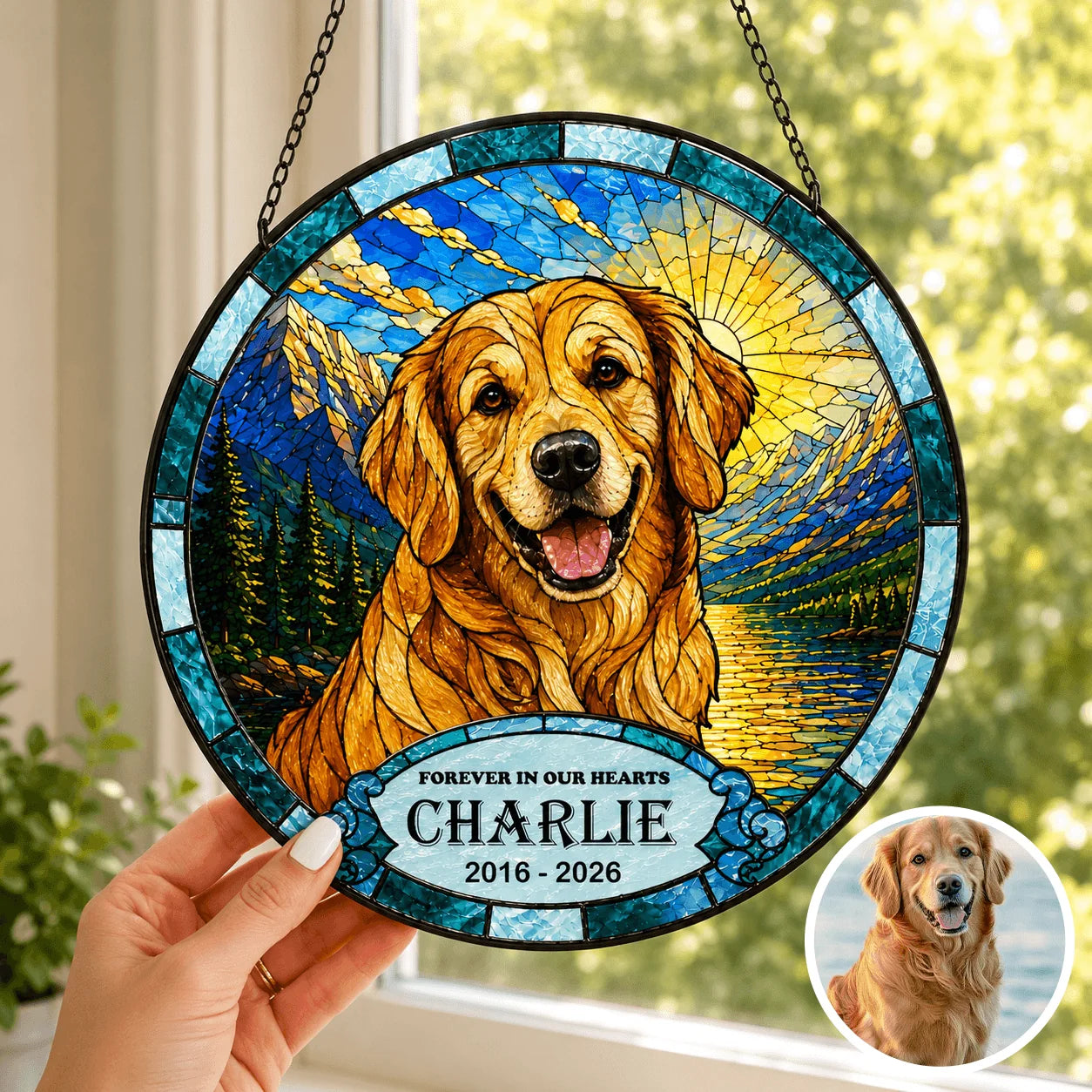 Stained glass plaque with a golden retriever and personalized text, held by a hand.