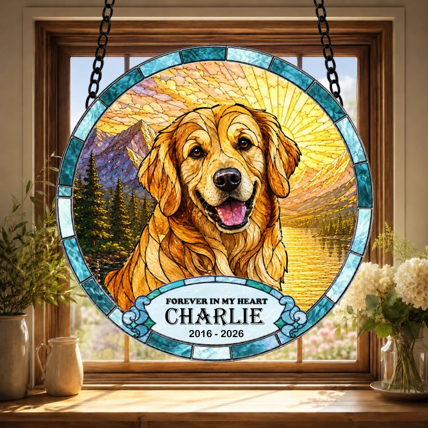 A round stained-glass style suncatcher hangs in a window, featuring a smiling golden dog against a mountain and lake scene. It includes a banner with memorial text.