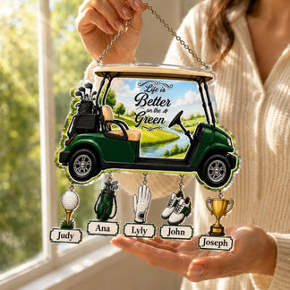 Golf dad gift suncatcher with personalized children names hanging window ornament