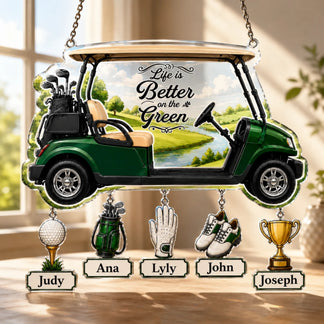 Custom golf suncatcher ornament with kids names – unique golfer dad gift window decor