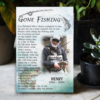 Custom memorial sign with fishing design featuring personalized photo name and dates as a sympathy gift for a dad
