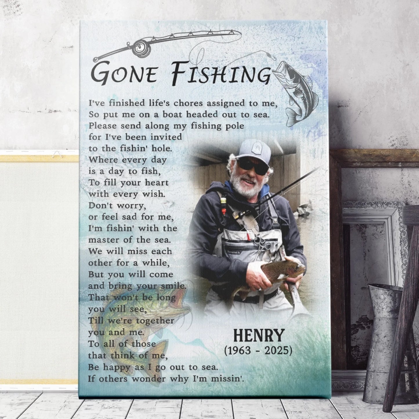 Custom memorial canvas featuring a fishing theme with personalized photo name and dates for a loss of a loved one gift