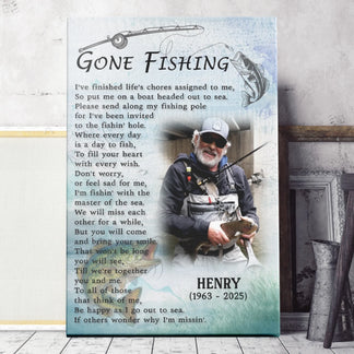 Custom memorial canvas featuring a fishing theme with personalized photo name and dates for a loss of a loved one gift