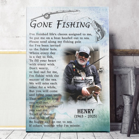 Custom memorial canvas featuring a fishing theme with personalized photo name and dates for a loss of a loved one gift