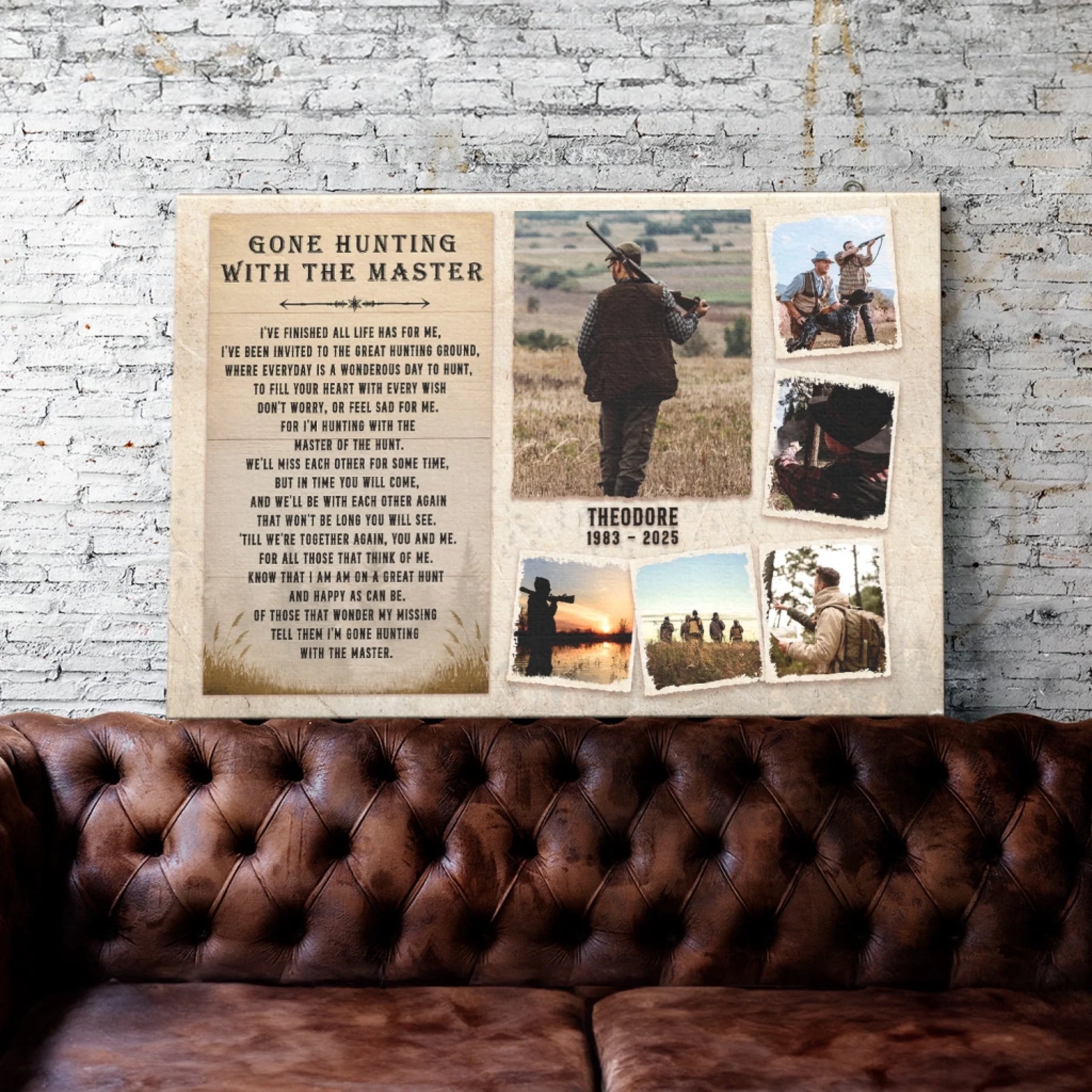 A canvas print featuring hunting pictures and text, hanging on a white brick wall above a brown tufted leather sofa.
