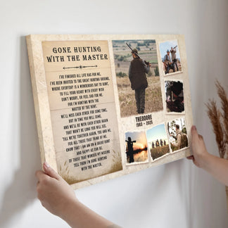 A personalized canvas print, displaying hunting photos and a memorial poem, is held by two hands against a textured wall.