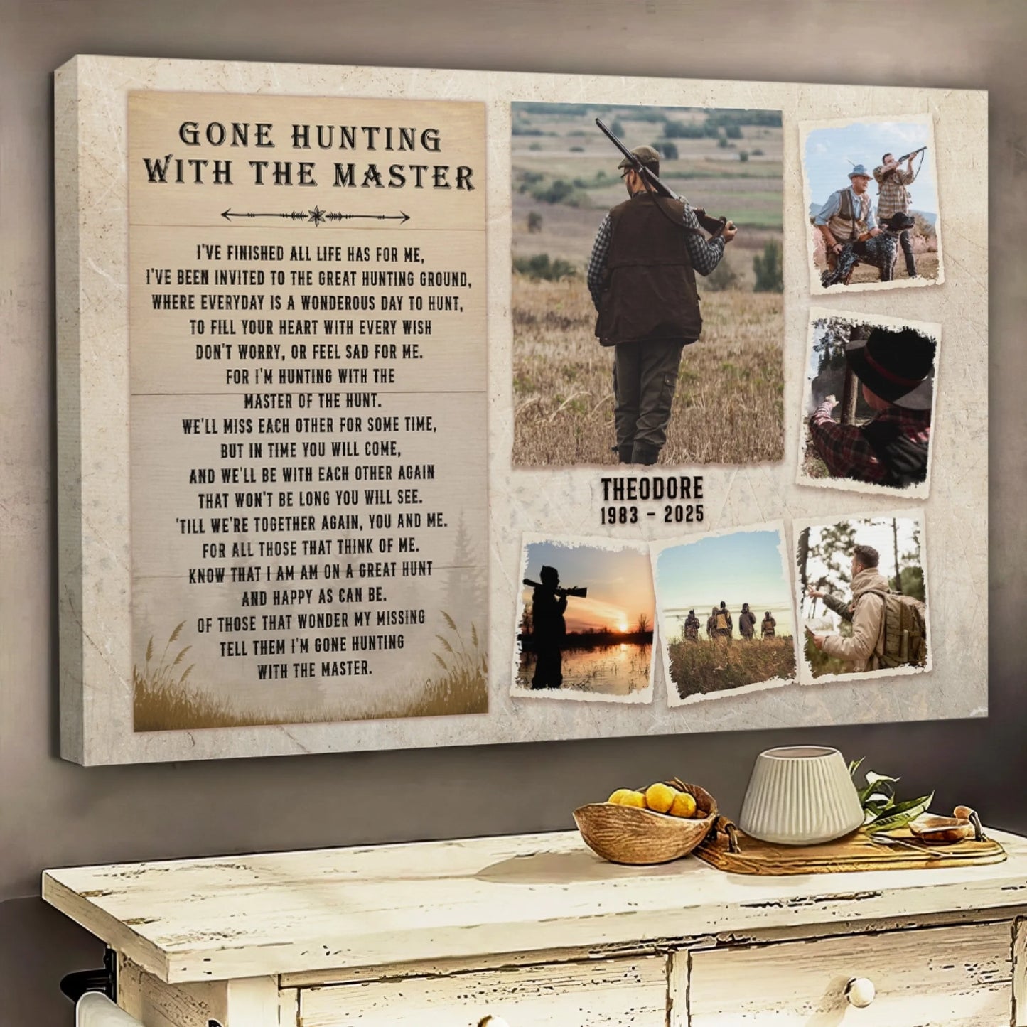 A canvas print with hunting-themed imagery and text, positioned horizontally on a white dresser with a bowl of lemons.