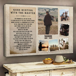 A canvas print with hunting-themed imagery and text, positioned horizontally on a white dresser with a bowl of lemons.