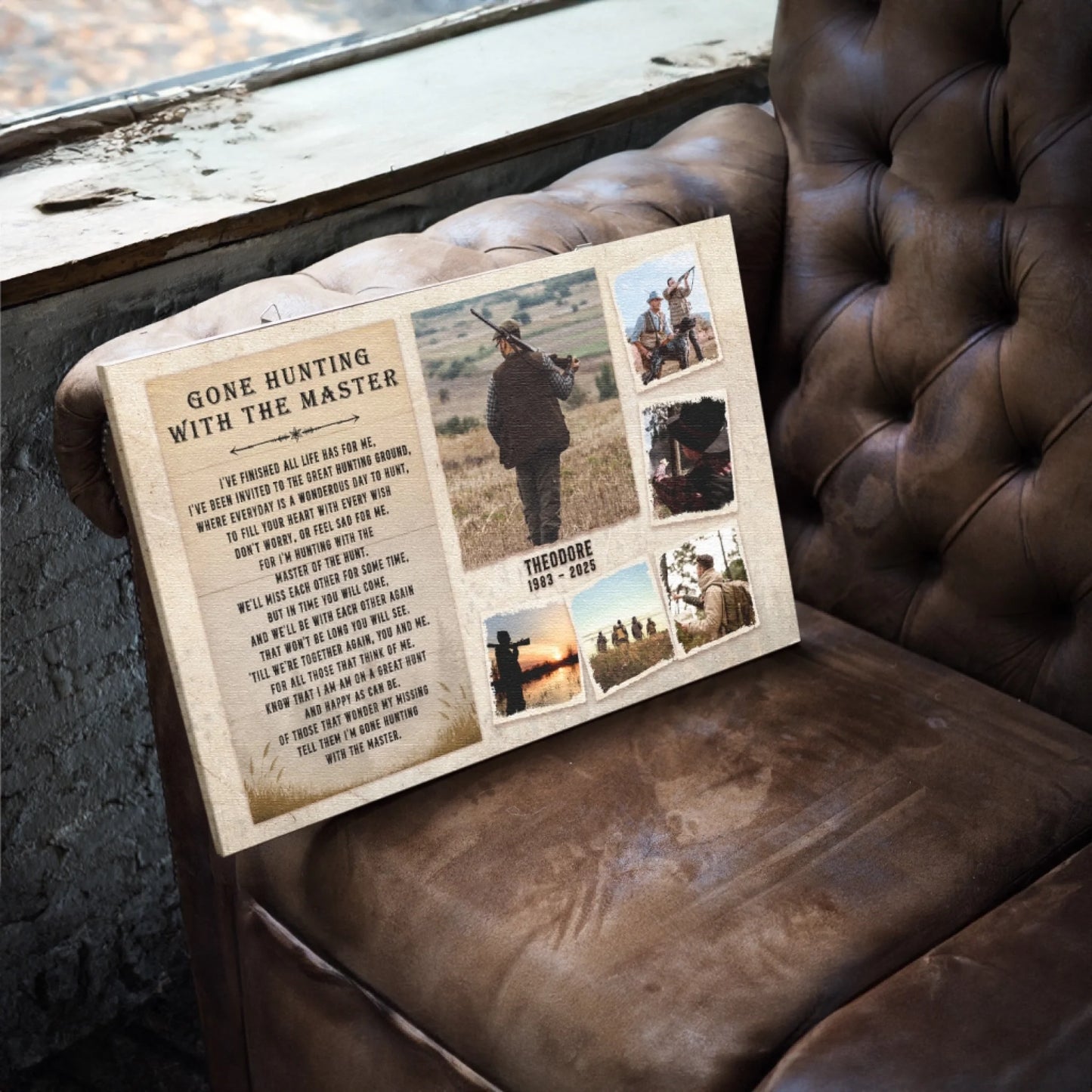 A personalized canvas print titled "Gone Hunting with the Master," featuring a poem and multiple photos of people hunting, rests on a brown leather armchair.