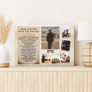 A canvas print with a hunting-themed poem and photo collage, displayed on a light wooden console table with decorative grass and a lamp.