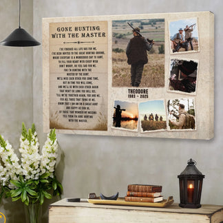 A canvas print featuring a hunting-themed poem and photo collage, set on a dark wooden cabinet with white flowers and books.