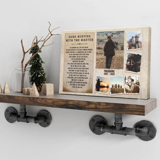 A personalized canvas print with hunting photos and text sits on a rustic wooden shelf, flanked by small decorative trees and glass jars.